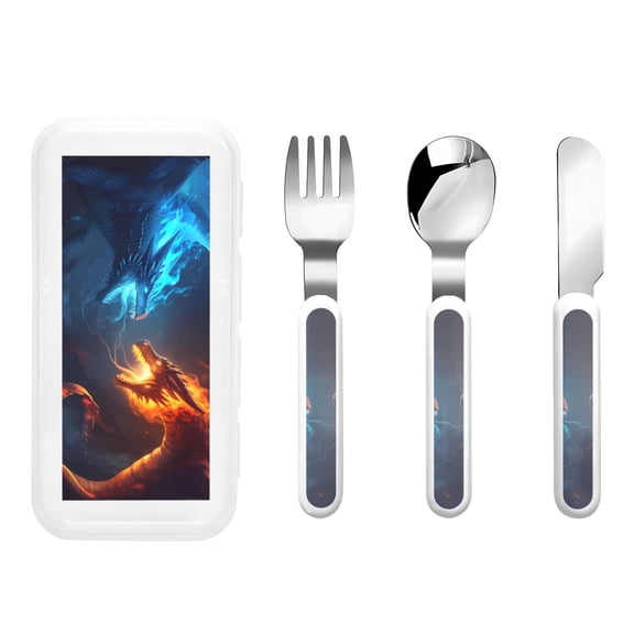 Rateoe Red And Blue Fire Dragon C for Stainless Steel Kids Silverware Set - Child and Toddler Safe Flatware - Children's Knife, Fork And Spoon Set