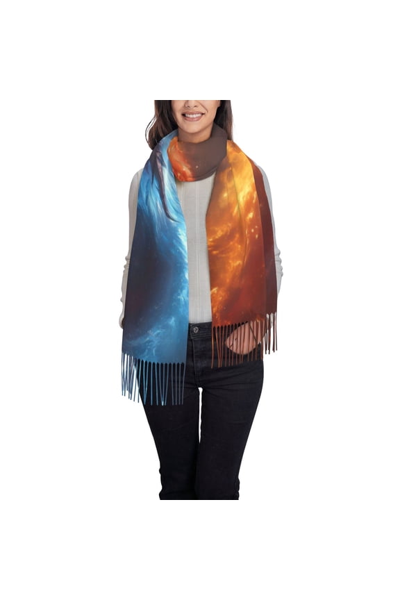 Red And Blue Fire Dragon D Women's Traditional Scarf Wrap Tassel Shawl Fringes Neck Head Shawl Retro Scarf