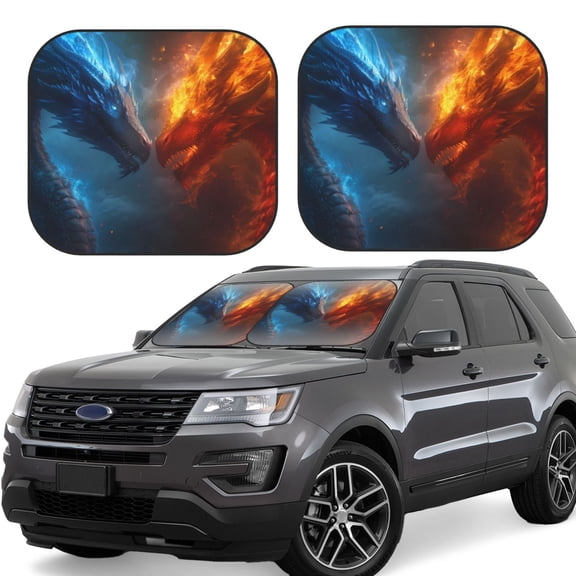 Rateoe Red And Blue Fire Dragon E Pattern 2 Piece Car Windshield Sun Shade Foldable | Front Windshield Shade for Sun, Heat and UV Rays | Sunshade for Car Front Window-Large