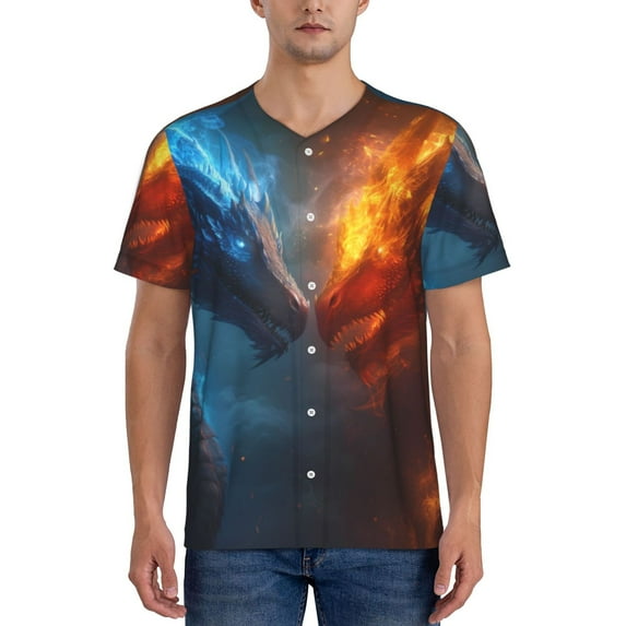Rateoe Red And Blue Fire Dragon E Pattern Men’s Baseball Short Sleeve Polo Shirt, Midweight Men's Shirt Golf Shirt Polo Shirts Quick Dry Short-3X-Large
