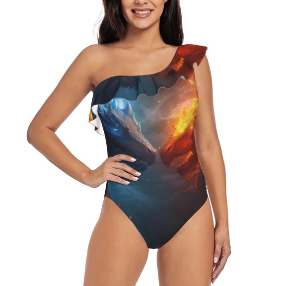 Rateoe Red And Blue Fire Dragon E Pattern Women One Piece Swimsuits Tummy Control One Shoulder Bathing Suits Ruffle Swimwear-Large