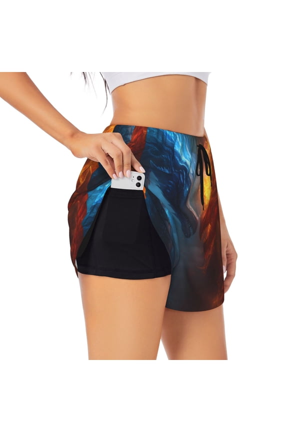 Red And Blue Fire Dragon E Printed 2 in 1 Women's Workout Shorts for Athletic Gym Running Shorts with Phone Pockets-Medium