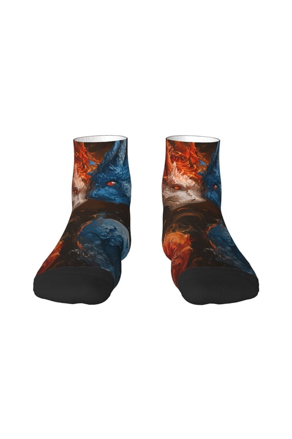 Red And Blue Fire Dragon F Pattern Quarter Crew Socks,Toe Seamed Ankle Socks,Cotton Cushioned Breathable Athletic Crew Sports Socks