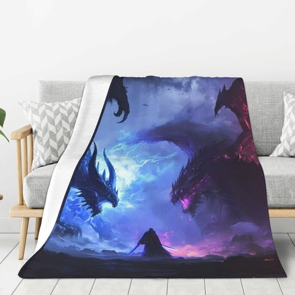 Rateoe Red And Blue Fire Dragon Pattern Flannel Throw Blanket, Ultra-soft Blanket for Bed, Couch, Car, Hypoallergenic Anti-pilling blanket-60"x50"(Vertical)