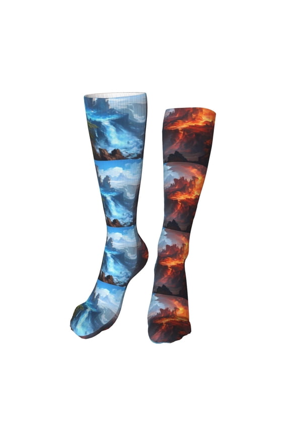 Red And Blue Fire Mountains print Women's Men's Novelty 20in Crew Socks Cotton Socks Knee High Socks for Walking,Running,Nurses,Pregnancy-One Size