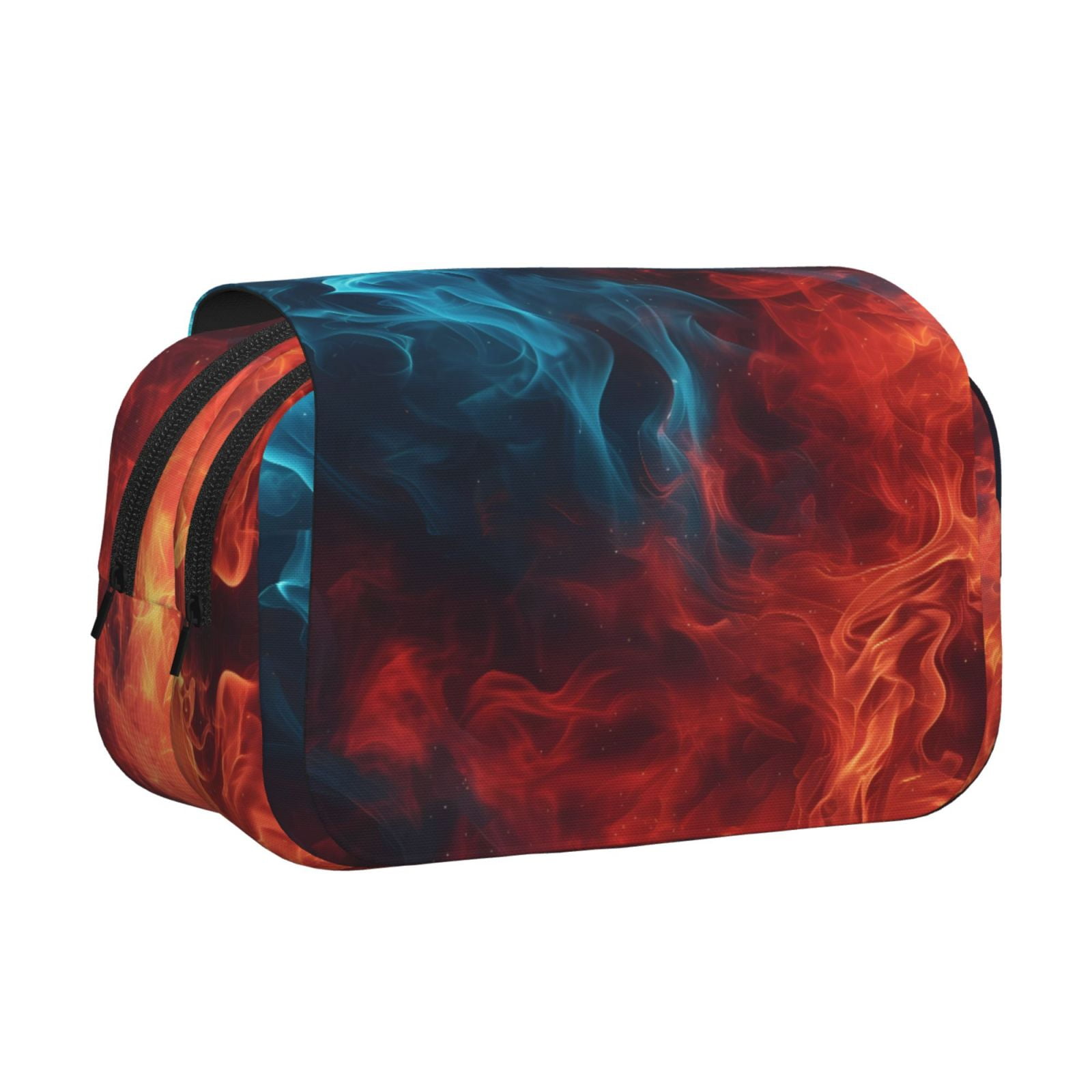 Rateoe Red And Blue Fire Pattern Double Clamshell Pen Case, Storage Organizer with Two Zipper Compartments– Holds Up to 50 Pencils & Pens