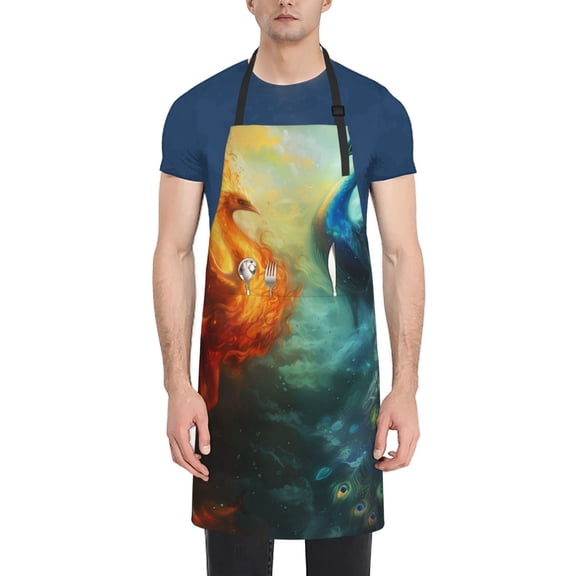 Rateoe Red And Blue Fire Peacock Aprons with Pocket,Men Womens Aprons Waterproof Adjustable Cooking Aprons for Kitchen Gardening and Salon