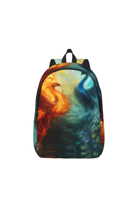 Red And Blue Fire Peacock Pattern Canvas College Laptop Backpack,Travel Daypack,Durable Rucksack Travel Notebook Bag School Backpack Book Bag for Men Women-Medium