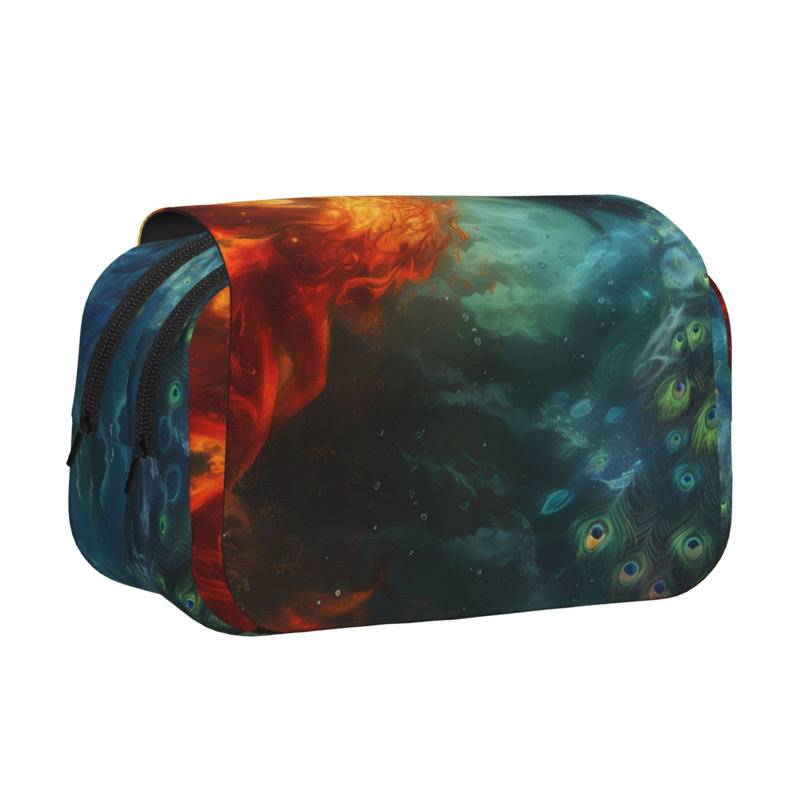 Rateoe Red And Blue Fire Peacock Pattern Double Clamshell Pen Case, Storage Organizer with Two Zipper Compartments– Holds Up to 50 Pencils & Pens