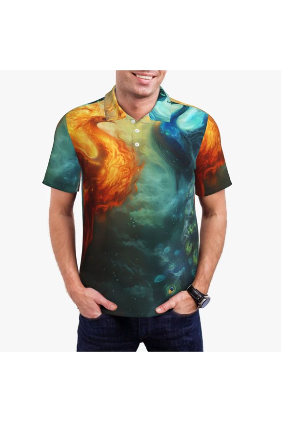 Red And Blue Fire Peacock Pattern Men's Short Sleeve Polo Shirts, Golf Polo Shirts Short Sleeve Performance Moisture Wicking Dry-Large