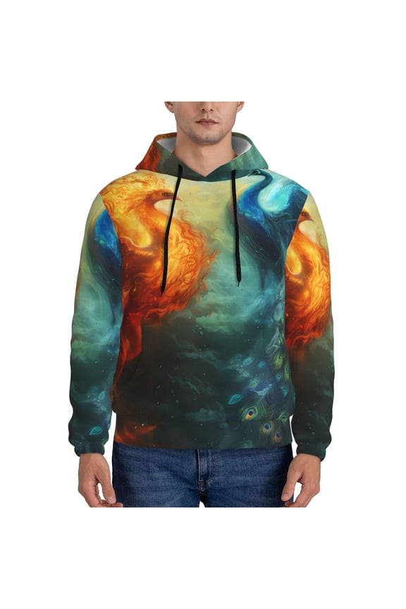Red And Blue Fire Peacock Pattern Mens Hoodie, Pullover Hooded Sweatshirt, Kangaroo Pocket Hoodie Ideal for Daily Wear, Travel and Home-Medium