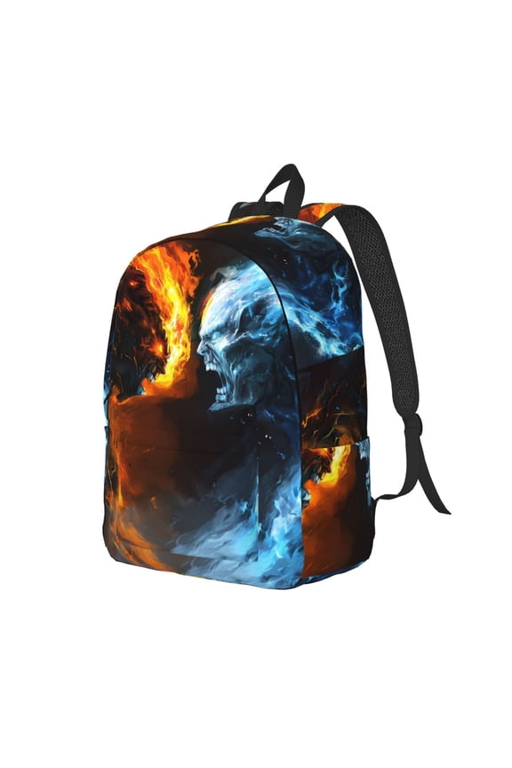 Red And Blue Fire Skull Warrior Pattern Durable Canvas Backpack for Men & Women – Stylish & Lightweight – Adjustable Straps, Multiple Pockets – Fits 15-17 Inch LaptopsMedium