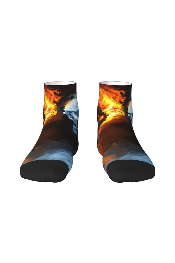 Red And Blue Fire Skull Warrior Pattern Quarter Crew Socks,Toe Seamed Ankle Socks,Cotton Cushioned Breathable Athletic Crew Sports Socks