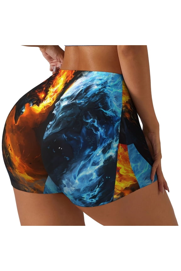 Red And Blue Fire Skull Warrior Printed Power Workout Shorts for Women Tummy Control Squat Proof Ribbed Thick Seamless Scrunch Active Short-Medium