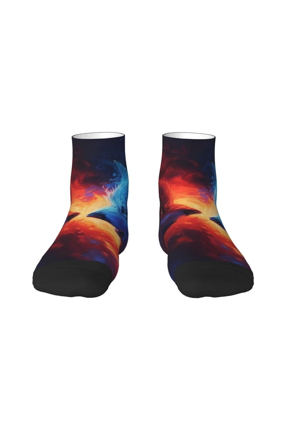 Red And Blue Fire Wolf Pattern Quarter Crew Socks,Toe Seamed Ankle Socks,Cotton Cushioned Breathable Athletic Crew Sports Socks