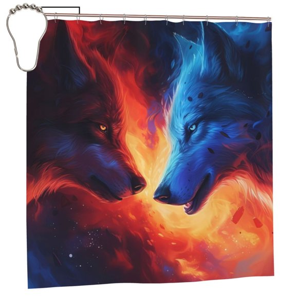 Rateoe Red And Blue Fire Wolf Shower Curtain - Fancy Bathroom Shower Curtain Sets - Waterproof Shower Curtain with Hooks with 12 Plastic Hooks 72x72 Inches