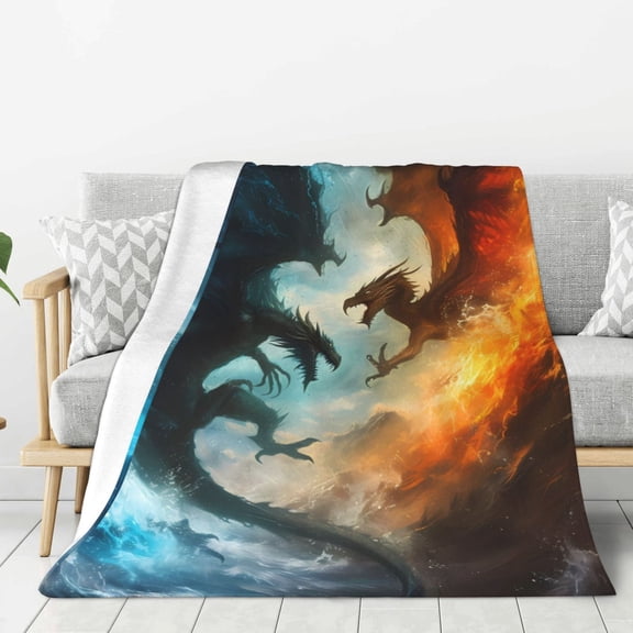 Rateoe Red And Blue Flame Wave Dragon Pattern Flannel Throw Blanket, Ultra-soft Blanket for Bed, Couch, Car, Hypoallergenic Anti-pilling blanket-40"x30"(Vertical)
