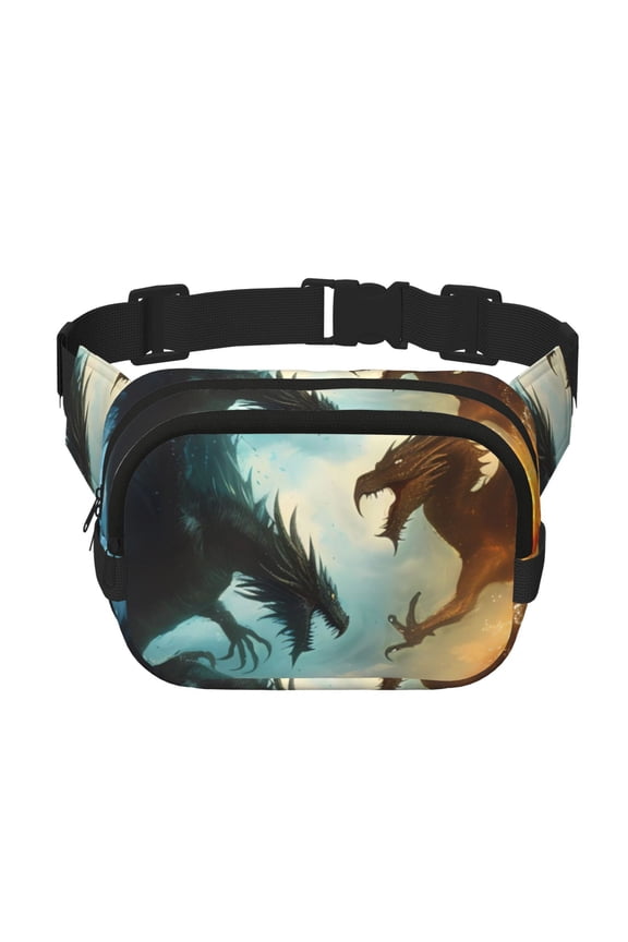 Red And Blue Flame Wave Dragon Print Fanny Pack Belt Bag for Women and Men, Square Double-Layer Waterproof Waist Pack with Adjustable Strap for Hiking, Jogging, Cycling