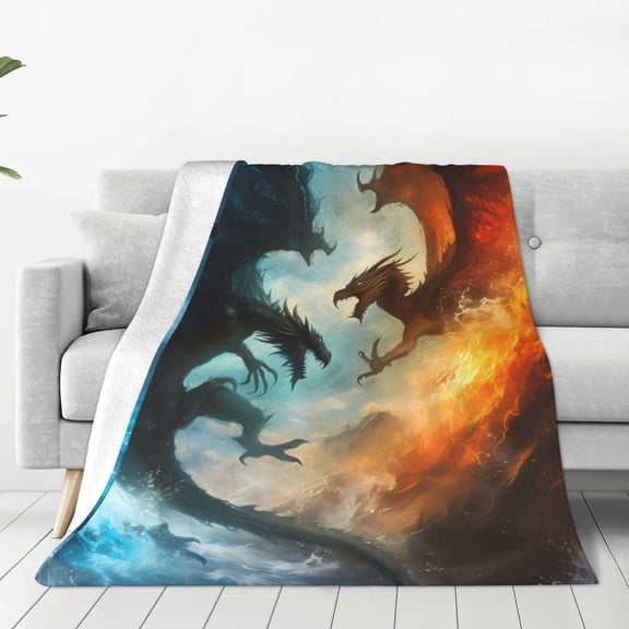 Rateoe Red And Blue Flame Wave Dragon Print Fuzzy Fleece Throw Blanket Extra Large,Super Soft,Fluffy and Warm Blankets for Couch,Bed,All Season Use (50"x40")