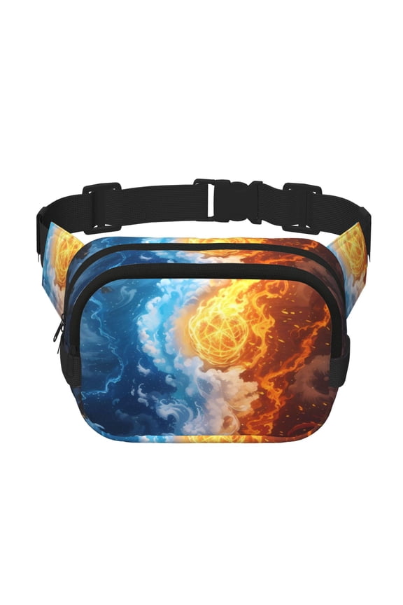 Red And Blue Flame Waves Print Fanny Pack Belt Bag for Women and Men, Square Double-Layer Waterproof Waist Pack with Adjustable Strap for Hiking, Jogging, Cycling