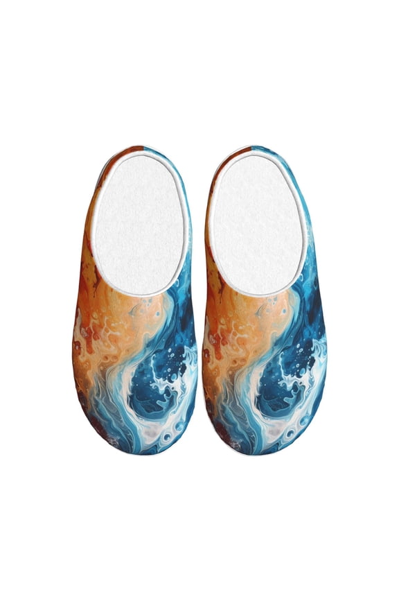 Red And Blue Waves Print Women's Men's Cotton Knit Slippers Lightweight Memory Foam Indoor House Shoes with Anti-Skid Sole-39/40