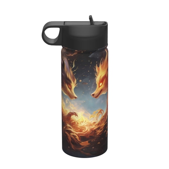 Rateoe Red And Gray Flame Fox Printed 18oz Sports Insulated Water Bottle, Double-Walled Stainless Steel Kettle with Leak-Proof Straw Lid, Portable & BPA-Free for Outdoor, Gym, Camping, and Travel