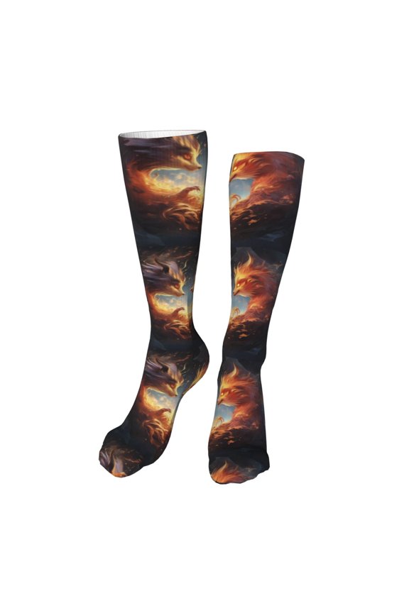 Red And Gray Flame Fox print Women's Men's Novelty 20in Crew Socks Cotton Socks Knee High Socks for Walking,Running,Nurses,Pregnancy-One Size