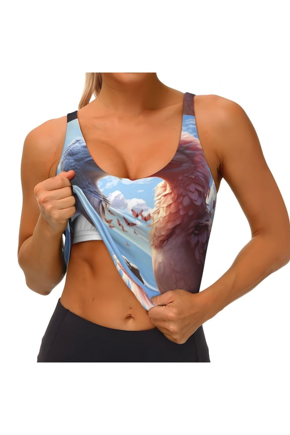 Red And White Bird Couple Print Womens' Sports Bras Scoop Neck Sports Vest- Padded U Back Seamless High Impact Support