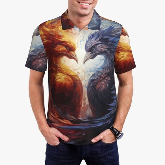 Rateoe Red And White Fire Bird Pattern Men's Short Sleeve Polo Shirts, Golf Polo Shirts Short Sleeve Performance Moisture Wicking Dry-Small