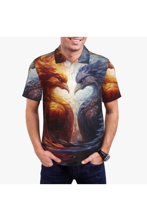 Red And White Fire Bird Pattern Men's Short Sleeve Polo Shirts, Golf Polo Shirts Short Sleeve Performance Moisture Wicking Dry-Small
