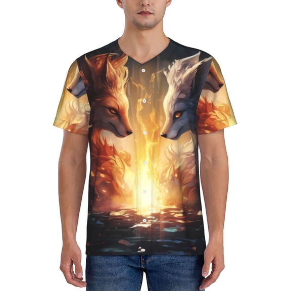 Rateoe Red And White Flame Fox Pattern Men’s Baseball Short Sleeve Polo Shirt, Midweight Men's Shirt Golf Shirt Polo Shirts Quick Dry Short-Medium