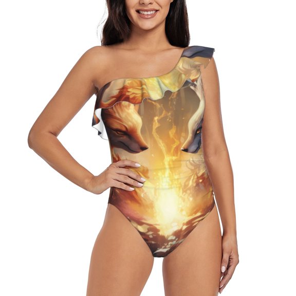 Rateoe Red And White Flame Fox Pattern Women One Piece Swimsuits Tummy Control One Shoulder Bathing Suits Ruffle Swimwear-