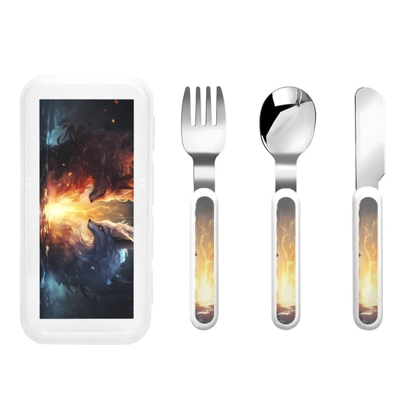 Rateoe Red And White Flame Fox for Stainless Steel Kids Silverware Set - Child and Toddler Safe Flatware - Children's Knife, Fork And Spoon Set