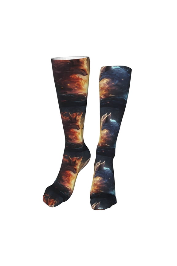 Red And White Flame Fox print Women's Men's Novelty 20in Crew Socks Cotton Socks Knee High Socks for Walking,Running,Nurses,Pregnancy-One Size