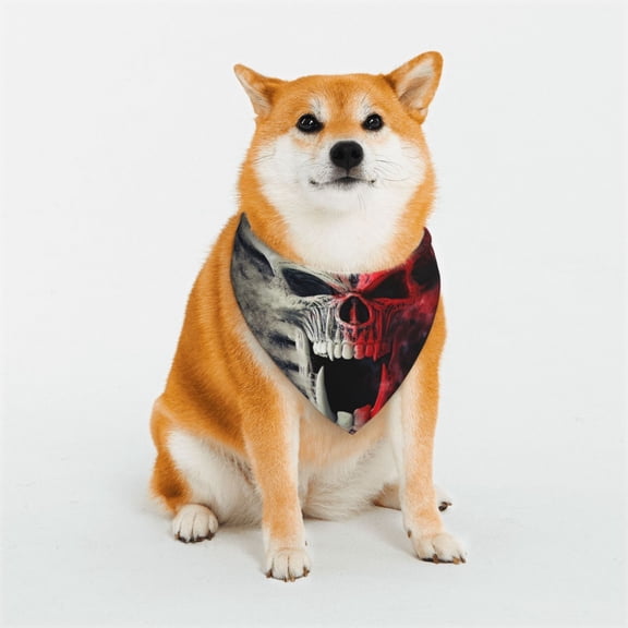 Rateoe Red And White Screaming Demon Skull Print Pet Scarf for Dogs and Cats – Stylish Reflective Design, Breathable & Durable Pet Bandana with Quick-Release Buckle-Medium