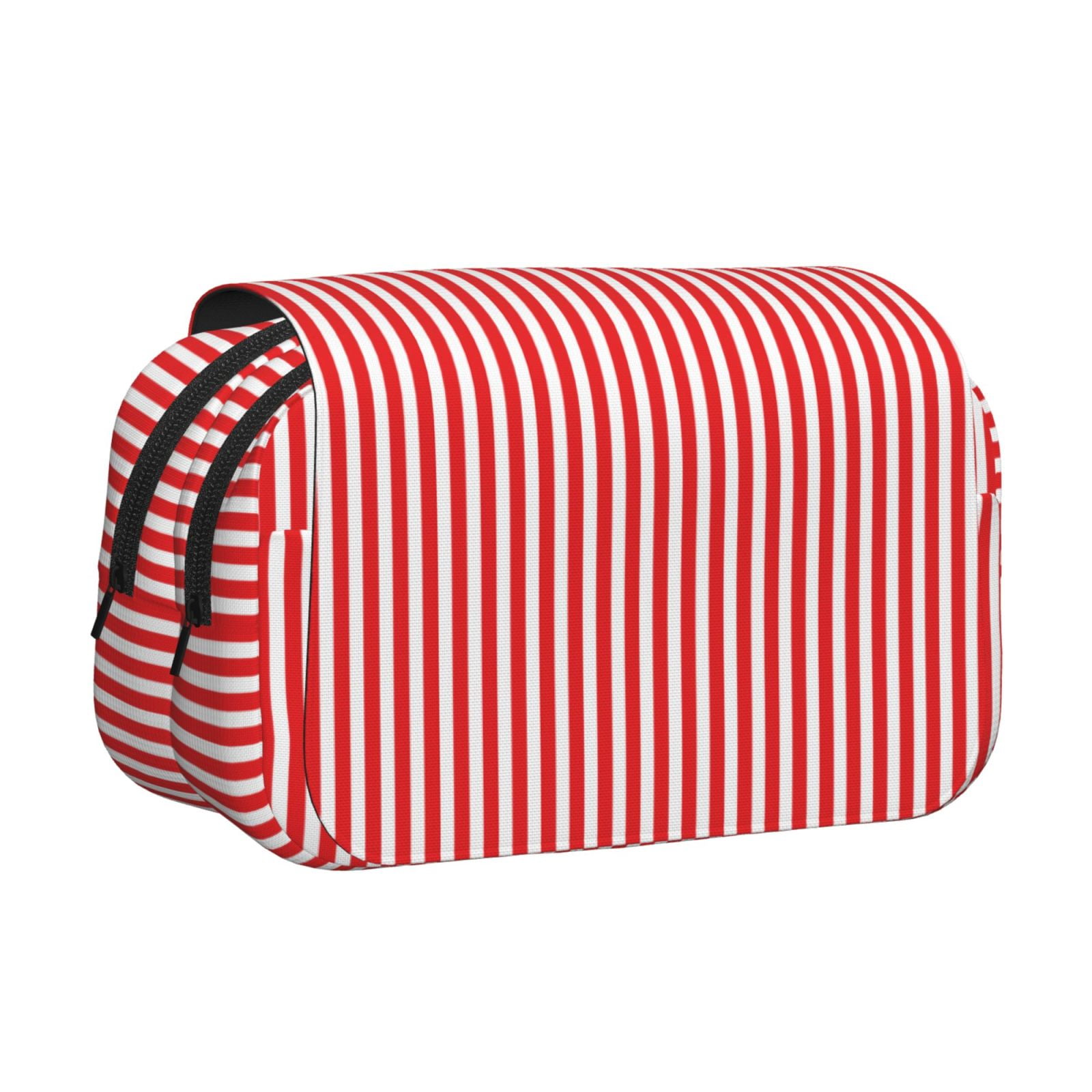 Rateoe Red And White Stripes Pattern Double Clamshell Pen Case, Storage Organizer with Two Zipper Compartments– Holds Up to 50 Pencils & Pens