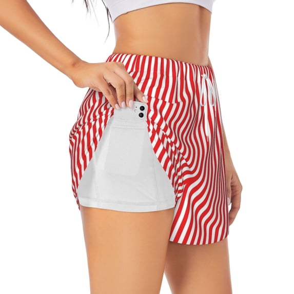 Rateoe Red And White Stripes Printed 2 in 1 Women's Workout Shorts for Athletic Gym Running Shorts with Phone Pockets-Small