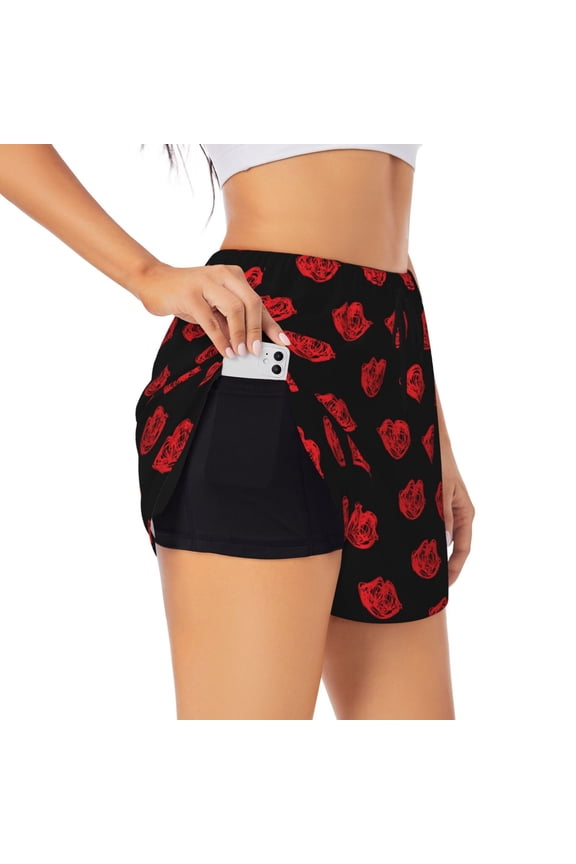 Red Beautiful Lips Printed 2 in 1 Women's Workout Shorts for Athletic Gym Running Shorts with Phone Pockets-Large