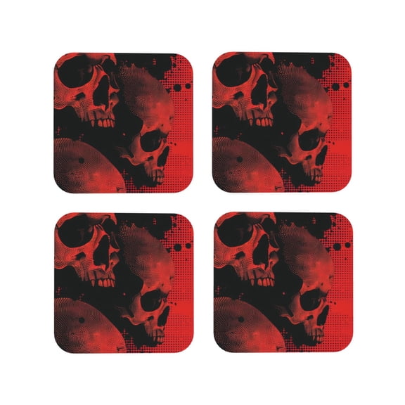 Rateoe Red And Black Abstract Skull Drawing Drink Coasters Set of 4 Leather Coasters Spill Protection for Table Desk,Durable and Non Slip Leather Coaster ,4 Inches Drink Mats-Square