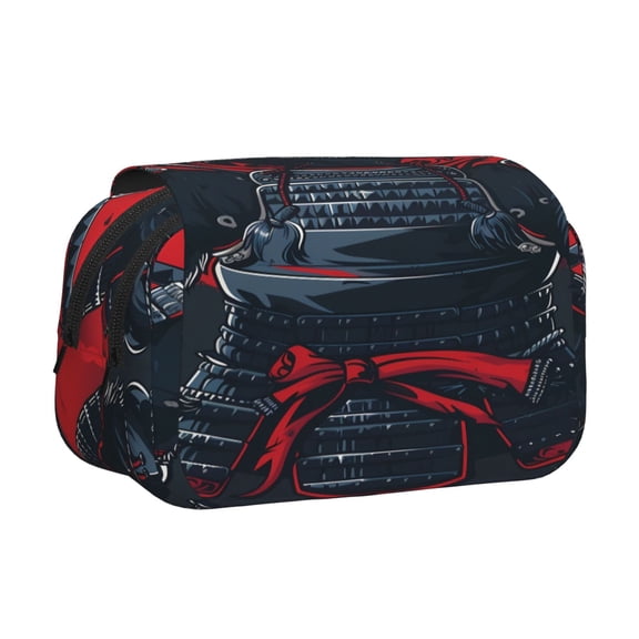Rateoe Red Black Eastern Panda Warrior Pattern Double Clamshell Pen Case, Storage Organizer with Two Zipper Compartments– Holds Up to 50 Pencils & Pens