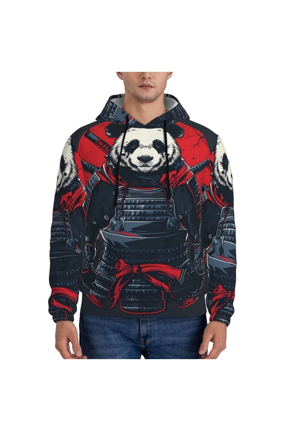 Red Black Eastern Panda Warrior Pattern Mens Hoodie, Pullover Hooded Sweatshirt, Kangaroo Pocket Hoodie Ideal for Daily Wear, Travel and Home-Large
