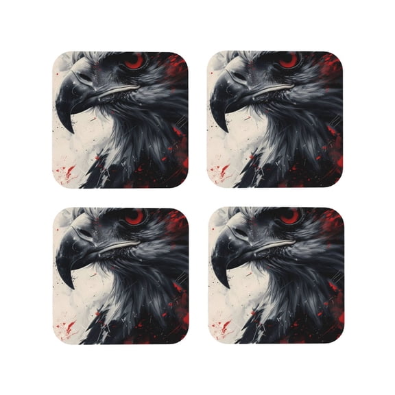 Rateoe Red Black Ink Style Bald Eagle Drawing Drink Coasters Set of 4 Leather Coasters Spill Protection for Table Desk,Durable and Non Slip Leather Coaster ,4 Inches Drink Mats-Square