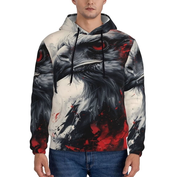 Rateoe Red Black Ink Style Bald Eagle Pattern Mens Hoodie, Pullover Hooded Sweatshirt, Kangaroo Pocket Hoodie Ideal for Daily Wear, Travel and Home-XX-Large
