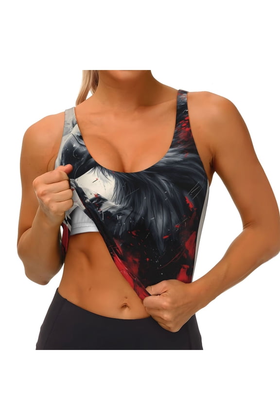 Red Black Ink Style Bald Eagle Print Womens' Sports Bras Scoop Neck Sports Vest- Padded U Back Seamless High Impact Support