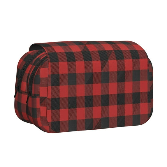 Rateoe Red Black Plaid Pattern Double Clamshell Pen Case, Storage Organizer with Two Zipper Compartments– Holds Up to 50 Pencils & Pens