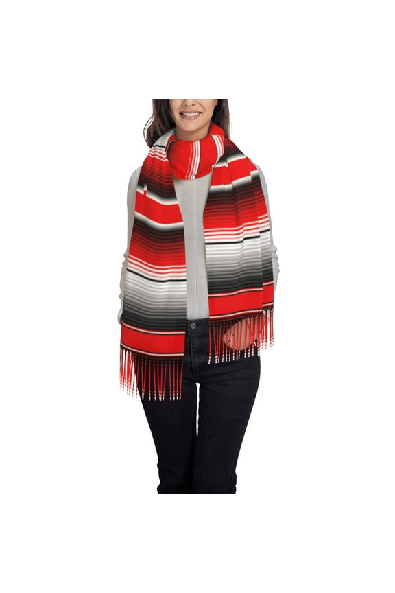Red Black and White Serape Blanket Stripes Printed Women's Traditional Scarf Wrap Tassel Shawl Fringes Neck Head Shawl Retro Scarf