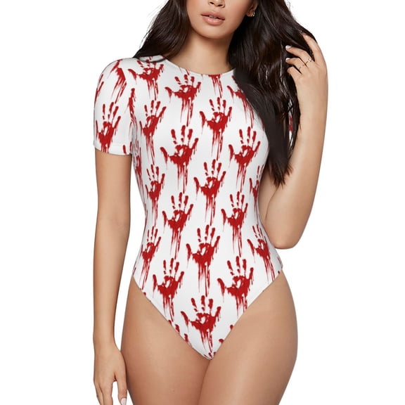 Rateoe Red Bloody Scary Hands Printed Women Rash Guard Short Sleeve,Tummy control Swimsuit Surfing Swimsuit Bathing Suit Short-sleeved Onesie UPF 50+ -X-Large