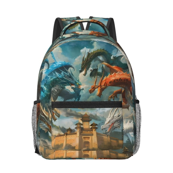 Rateoe Red Blue Dragon Battle Epic Pattern Durable Student Backpack Laptop Bag- Ergonomic Design, Waterproof Twill Fabric - Ideal for School, Travel, and Outdoor Activities-One Size