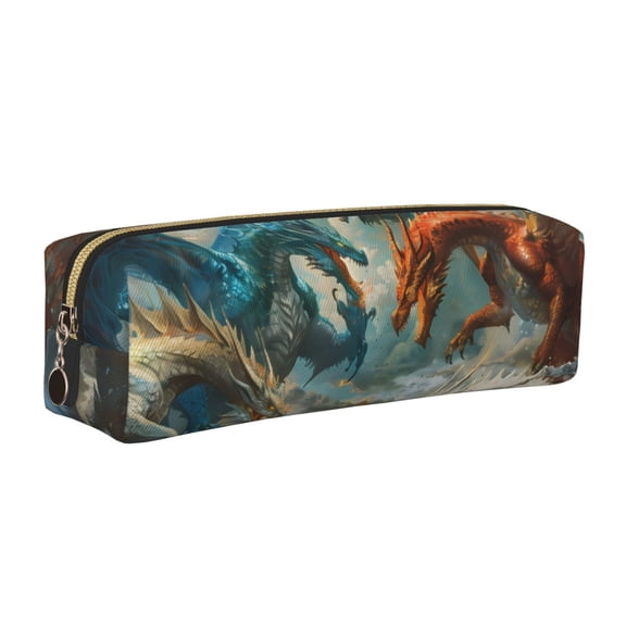 Rateoe Red Blue Dragon Battle Epic Print Leather Pencil Case with Smooth Zipper, Compact Storage for Writing Tools & Art Supplies, 8.26" x 1.96" x 2.16"