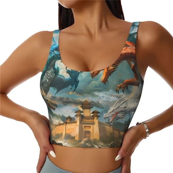Rateoe Red Blue Dragon Battle Epic Print Womens' Sports Bras Scoop Neck Sports Vest- Padded U Back Seamless High Impact Support-